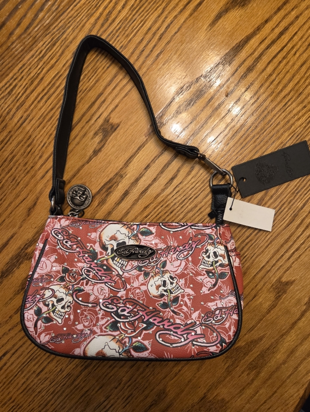 Ed Hardy Pink and Black Skull & Rose Wristlet Clutch